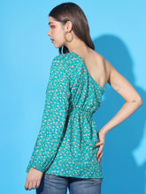 Women's Midi Dress Dark Green Floral Print Crepe Midi With One Shoulder Waist Length